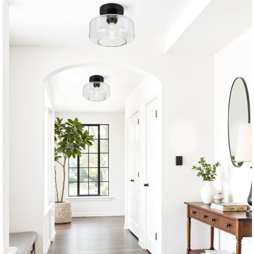 Industrial Semi Flush Mount Ceiling Light, 800 Lumen LED Bulb Included, Seeded Glass Shade Farmhouse Light Fixture for Hallway Corridor Kitchen Bathroom Bedroom Passway