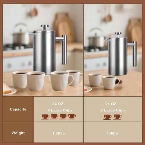 French Press 34 oz, Full Stainless Steel French Press Coffee Maker 4 Cups