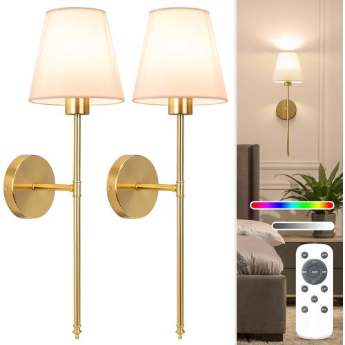 Battery Operated Wall Sconce Set of 2,Gold Rechargeable Wall Lights with 10400mAh Dimmable Bulbs and Remote,10 Colors Wireless Wall Lamps for Bedroom Living Room Hallway Decor