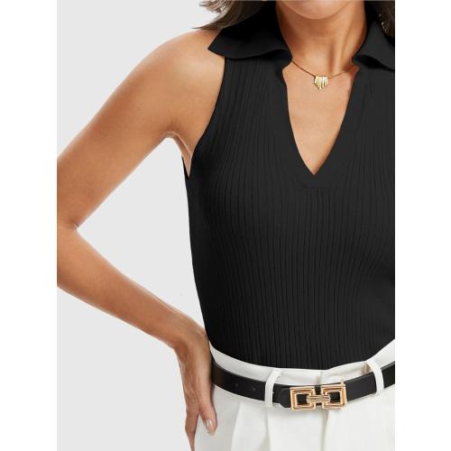 2XS.....Momtecanuo Women Ribbed Tank Top, Going Out Collared Camisole Top Business Casual Sleeveless V Neck Fitted Polo Shirt