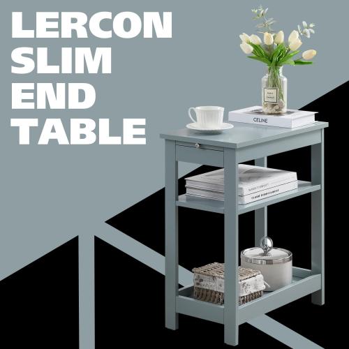 Kings Brand Furniture - Slim Wood Side End Table with Storage Shelves & Pull-Out Tray, Nightstand for Bedroom, Living Room, Ice Blue