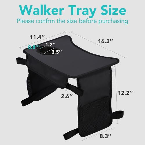 Hook-On Walker Tray, Cup Holder & Tool Free Quick Assembly, Non Slip Mobility Table for Seniors, Multi Functional Removable Tray, Portable Multipurpose Walker Accessories