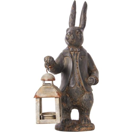 NIKKY HOME Easter Bunny Decorations, Vintage Resin Bunny Figurine with Lantern, Metal Rabbit Tealight Candle Lantern Holder Rabbit Outdoor Statues Gift for Garden Home