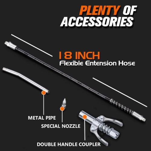 Lnchett Grease Gun with Quick Release Coupler, 9000 PSI Professional Heavy Duty 14 oz Pistol Grip Grease Gun with 18 Inch Spring Flex Hose, 1 Extension Rigid Pipe and1 Sharp Nozzle Included