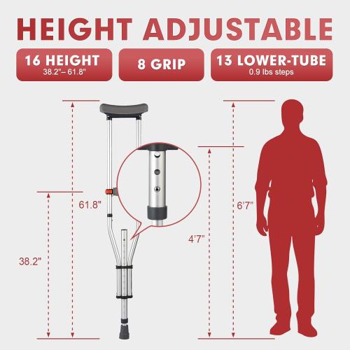 Aluminum Underarm Crutches for Adults & Seniors, Adjustable Height 38.2-61.8 in (16 Levels), Lightweight 2.0 lb Each, 300 lb per Pair, Non-Slip Tips, Tool-Free Setup, Push-Pin Locking