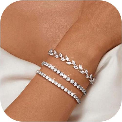 YADOCA Tennis Bracelets For Women - Silver Plated Bracelet Stack Cubic Zirconia CZ Diamond Adjustable Stackable Bracelets Set For Prom Wedding Jewelry Gift 3Pcs
