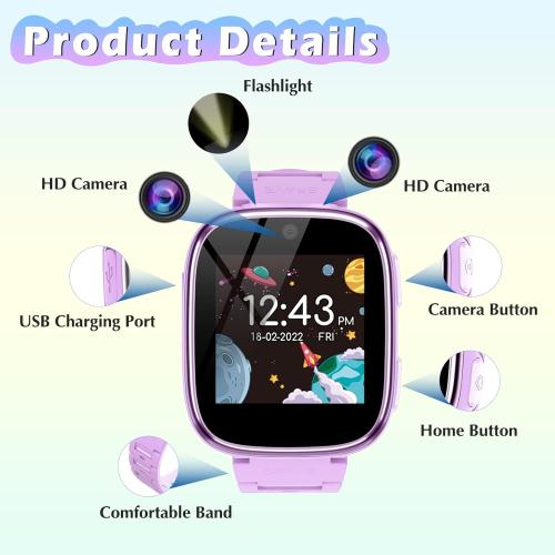 Kids Smart Watch Girls Boys - Smart Watch for Kids Game Watch Gifts for 4-12 Years Old with 15 Games Camera Alarm Video Music Player Pedometer Flashlight Birthday Gift Toys for Boys Girls (Purple)