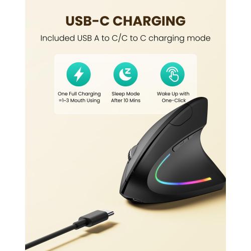 POJTK Ergonomic Wireless Rechargeable Mouse, Bluetooth USB A Type C(3 in 1) Connection, 5 Levels Up to 4800 DPI, 6 Silent Buttons, 2.4GHz Carpal Tunnel Vertical Mice, for Laptop, Desktop,MacBook-black
