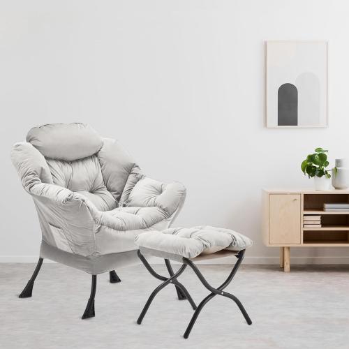 Youtanic Lazy Chair with Folding Ottoman, Accent Chair Velvet Upholstered with Metal Structure and Non-Slip Pads, Sofa Armchair with Footrest and Side Storage Bag for Dorm, Room, Office, Light Gray
