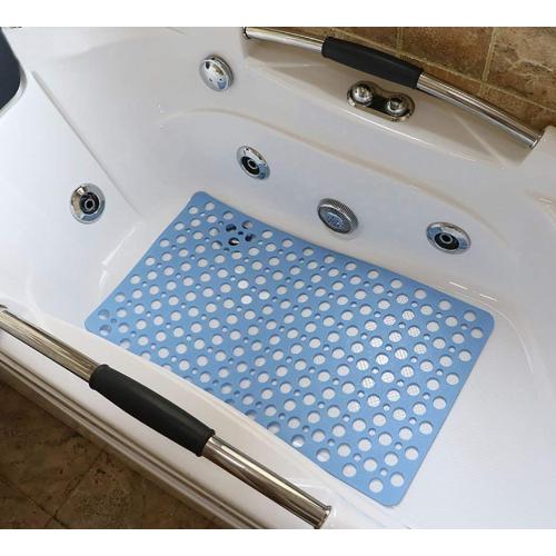 Blue Nonslip Bathtub Mat Extra Soft TPE Bath Mat for Kids, Machine Washable Bathroom Shower Mat, Smooth/Non-Textured Tubs Only, 30L x 17W Inch