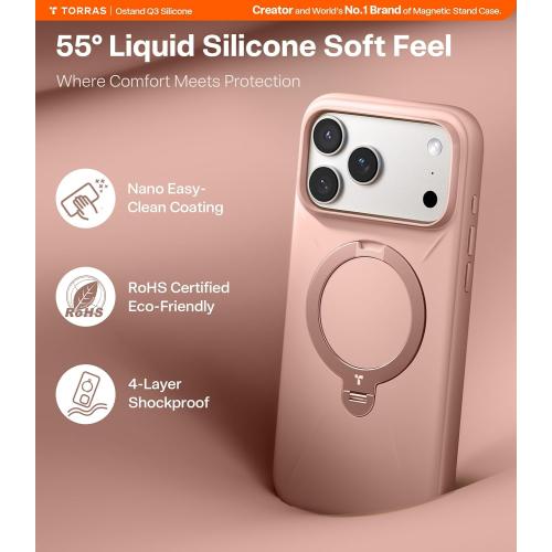 TORRAS Ostand Q3 Silicone for iPhone 17 Pro Max Case, Fit for MagSafe, 360 Spin Stand, Soft Liquid Silicone Cozy Grip, Camera Control, Protective Case for iPhone 17 Pro Max for Women Girl, Bliss Pink