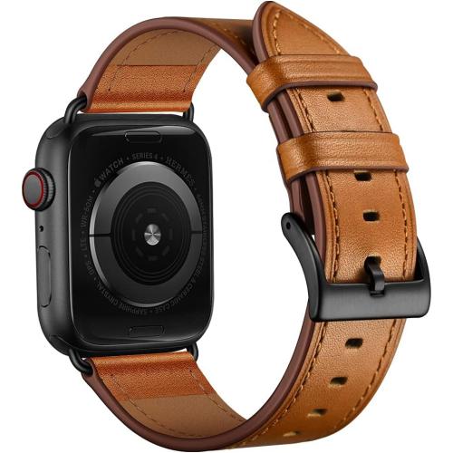 OUHENG Leather Bands Compatible with Apple Watch Band 49mm/46mm/45mm/44mm/42mm, Genuine Leather Replacement Strap for iWatch Series 11/10/9/8/7/6/5/4/3/2/1 & Ultra 3/2/1 & SE3 SE2 SE, Brown/Black