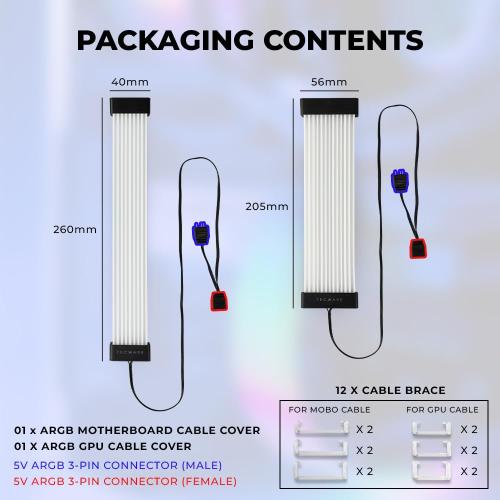 2 Pack TECWARE Flex RGB, Cable Cover Kit, Light Up LED Strip Set for PSU Extensions, 5V 3 Pin ARGB Sync, Compatible with 8-Pin or 16-Pin GPU Cable, 24-Pin Motherboard Cable, Black