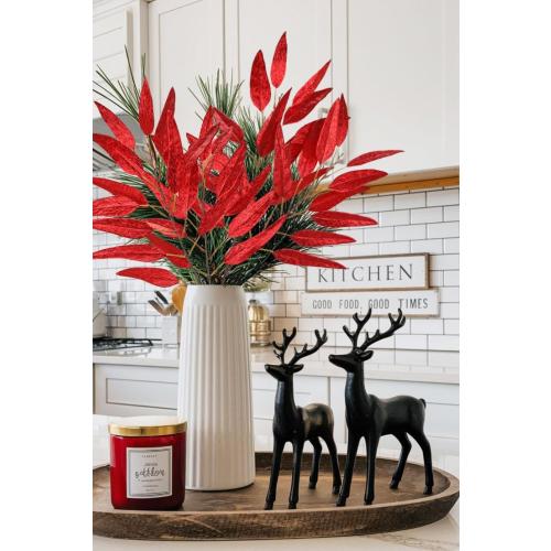 DILATATA 33.5 Red Leaves for Christmas Tree, Glitter Christmas Leaf Stems, Non-Shedding Shiny Sequin Fabric Christmas Picks for Wreath, Centerpiece Decor