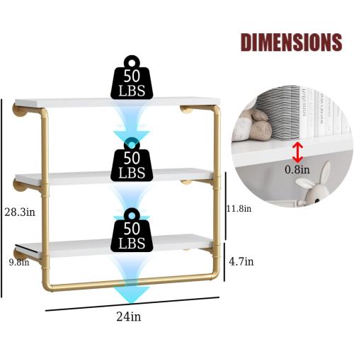 HOMEKAYT 24 Industrial Pipe Shelving, Floating Wall Shelves 3 Tier Gold Shelves with Haning Rod Multiple Use for Kitchen, Bedroom,Living Room,Bathroom