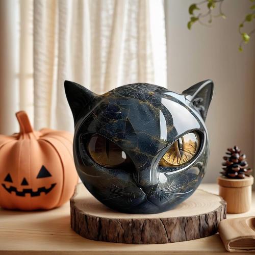 Black Cat Stone Sculpture,Figurine Handcrafted Look Resin Statue,with Amber Eyes, Elegant Shelf Decor for Home or Office (Yellow)