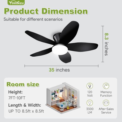 Ceiling Fans with Lights - 35 Inch Small Low Profile Ceiling Fan and Remote,Flush Mount Ceiling Fan with 5 Reversible Blades 6 Wind Speeds, Black Modern Ceiling Fans for Bedroom Kitchen