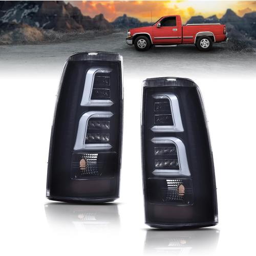 DOTCOM LED Tube Tail Lights Assembly w/light Bar Pair Fit Chevy Silverado 1500 2500 & HD 1999-2002/Fit GMC Sierra 1500 2500 & HD 1999-2006 Rear Lamps, Smoke Lens Black Housing Luces Traseras