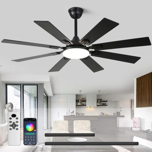 52 Ceiling Fans with Lights and Remote, Black Modern Ceiling Fan with 8 Dual Finish Blades,Quiet Reversible Motor，Farmhouse Ceiling Fan with RGB Lights for Bedroom,Living Room,Patios