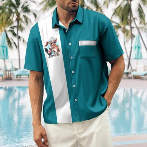 Men's Funny Hawaiian Shirts Pig BBQ Printed Short Sleeve Button-Up Bowling Shirt Regular Fit Casual Aloha Beach Tops