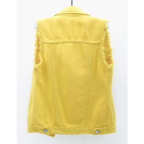 Size 3XL CURRENT Women's Casual Denim Waistcoat Slim Fit Frayed Sleeveless Jacket Ripped Tops with Pockets
