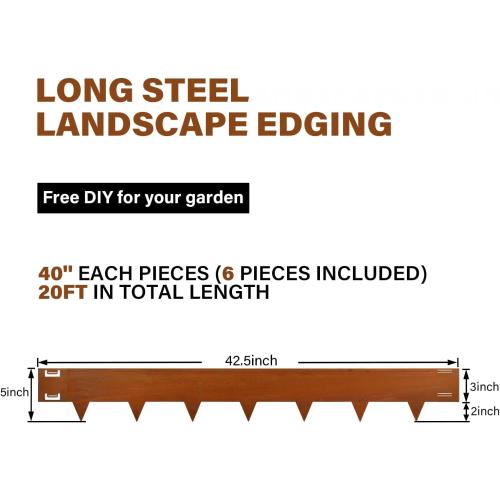 Cor-Ten Steel Landscape Lawn Edging, 40 L x 5 H,6 Pack Steel Edging for Landscaping,Metal Landscape Edging, Metal Edging for Landscaping(180 Degree Bend, Rusted)