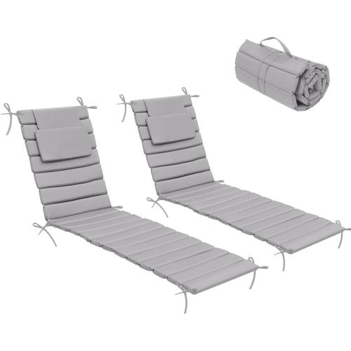 Crestlive Products Chaise Lounge Cushion Outdoor Set of 2, Waterproof Foldable Pool Lounge Chair Cushions with Straps, Lounger Cushions for Outdoor Furniture, Patio, 71''Lx21''W (Light Gray)
