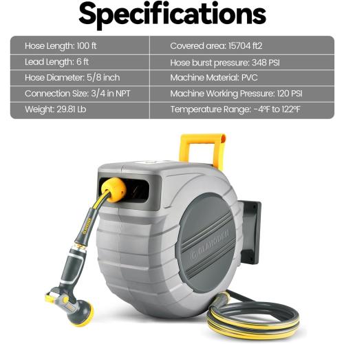 Grey and Yellow Retractable Garden Hose Reel 5/8 in x 100 ft Upgraded UV Resistant Heavy Duty Automatic Hose Reel Wall Mount 3/4 in Brass Fitting 9 Pattern Nozzle Any Length Lock Slow Retraction 180° Swivel