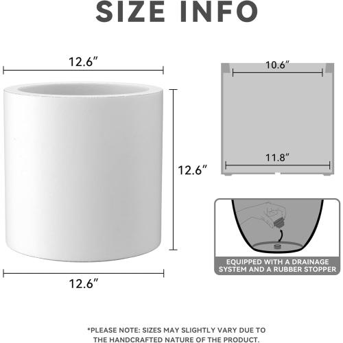 Dia Round Concrete Planter, Modern Style Large Cylindrical Plant Pot with Drainage Hole and Rubber Plug for Indoor Outdoor Patio, Pure White