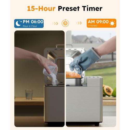 Color Silver 2LB Bread Maker Machine, OSIPOTO 17 in 1 Automatic Stainless Steel Bread Machine, Non-stick, Beginner-Friendly Controls, 15 Hour Timer, Easy to Clean Low Noise, High Success Rate for Homemade Bread