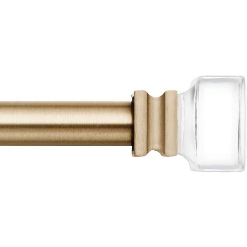 MODE Premium Collection 1 1/8 Diameter Curtain Rod Set with Clear Square Curtain Rod Finials and Steel Wall Mounted Adjustable Curtain Rod, Fits 144” to 240” Windows, Warm Gold