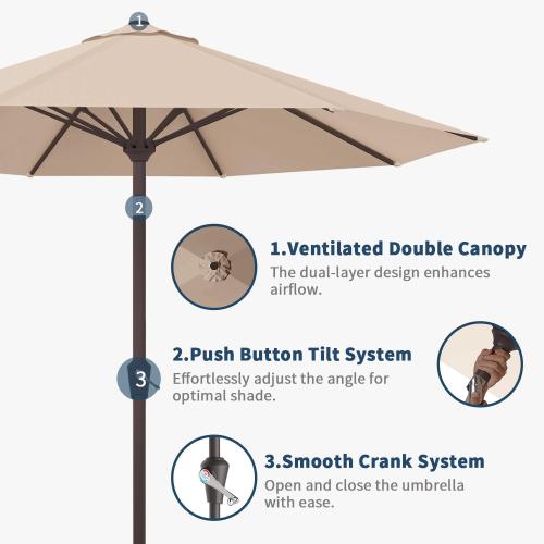 9FT Patio Umbrella with Fiberglass Ribs, Outdoor Market Table Umbrella with Crank and Tilt, UV Resistant Waterproof Canopy for Patio, Garden, Deck, Pool, Beige