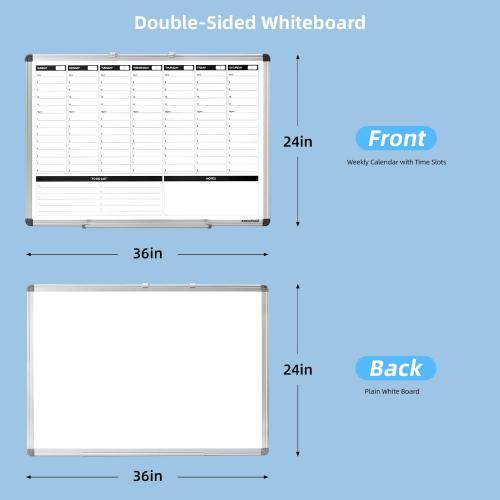 Large Weekly Dry Erase Board, Weekly Planner whiteboard with Hourly time Slots, Whiteboard Weekly Calendar for Schedule for Wall 36 X 24 Double-Sided for Office, Home and School