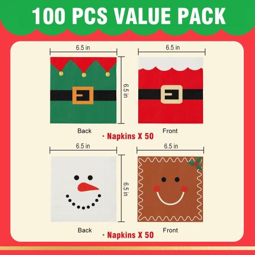 100 Christmas Napkins, Christmas Cocktail Napkins, Xmas Snowman Gingerbread Man Elf & Santa Party Napkins for Holiday Decorations Table Décor Party Supplies