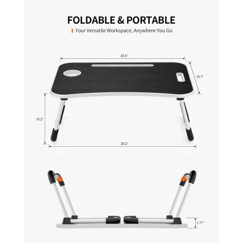 FISYOD Foldable Laptop Table, Portable Lap Desk Bed Table Tray, Laptop Stand with Cup Holder & Tablet Slot & Lifting Handle for Working Writing Drawing & Eating (Black)