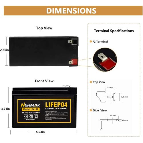 NERMAK 12V 10Ah Lithium LiFePO4 Deep Cycle Battery, 2000  Cycles Rechargeable Battery for Solar/Wind Power, Lighting, Power Wheels, Ride-on Toy, Fish Finder and More, Built-in 10A BMS