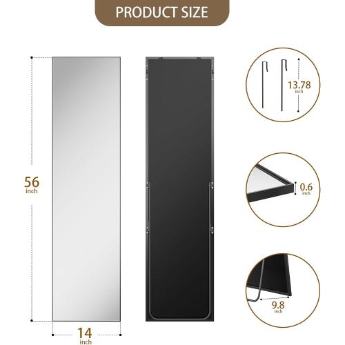 Antok Full Length Mirror, 56x14 Floor Mirror with Stand, Hanging Mounted Mirrors for Bedroom, Living Room, Cloakroom, Dining Room, Black, Rect