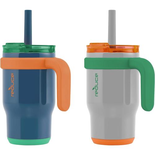 REDUCE 14 oz Coldee Tumbler with Handle for Kids - 2 Pack, Leakproof Insulated Stainless Steel Mug with Lid & Spill-Proof Straw, Keeps Drinks Cold up to 18 Hrs, Grey and Navy