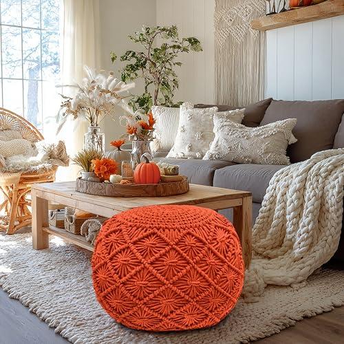 Orange 20x14 COTTON CRAFT Macrame Braided Pouf - Knitted Cotton Cord Comfortable Round Dori Pouf - Prefilled Ottoman Footrest Bean Bag - Stuffed Boho Moroccan Accent Seating - Nursery Bedroom Dorm - 20x14 - Orange