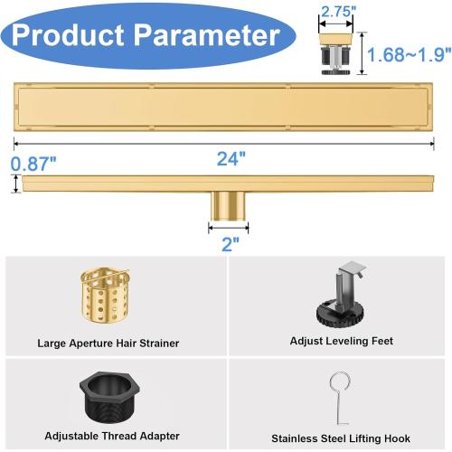 24-Inch Linear Shower Drain with Tile Insert Grate, SUS 304 Stainless Steel Linear Drain, Brushed Gold Long Rectangle Shower Floor Drain with Leveling Feet, Hair Strainer, Fits Bathroom