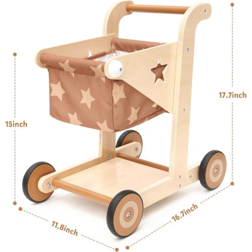 Asweets 2 in 1 Wooden Baby Walker Push and Pull Doll Stroller, Shopping Cart Learning Walker for Boys and Girls, Sit Stand Learning Toddler Toy (Brown)