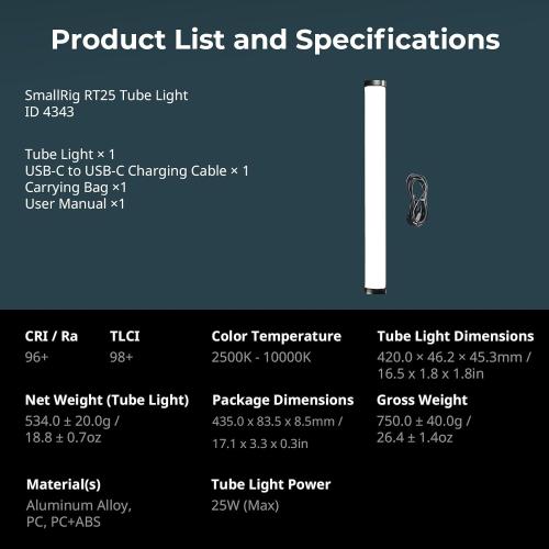 SMALLRIG RT25 RGB Tube Light Stick, 25W RGBWW Led Light Wand, IP54 Waterproof Light Bar, CRI96 , TLCI98 , 2500-10000K, for Photography 4343