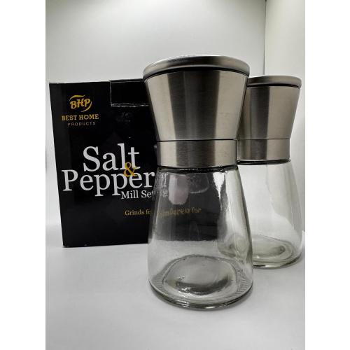 Salt and Pepper Mill Set, Glass and Stainless Steel Grinders, 2-Piece
