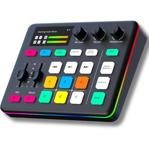 HOSONGIN Gaming Audio Mixer, Audio Interface with Pro-preamp, Voice Changer & DJ Mixer Effects, 48V Phantom Power, Bluetooth & RGB Live Sound Card for Streaming, Podcasting, Gaming