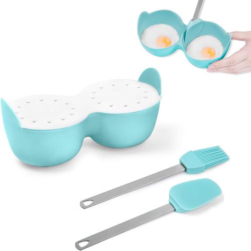 2 Pack Egg Poacher, Silicone Egg Mold for Kitchen, Nonstick Egg Poacher Cups for Microwacve Baking Oven or Stovetop Egg Cooking, BPA Free Egg Cooking Cups with Oil Brush & Spatula, Blue