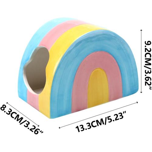 Ceramic Hamster Hideaway Colorful Rainbow House with Double Doors Mini Hut Sleeping Nest Hideout Cave Cage Accessories Small Animal Habitat Decor for Dwarf Hamsters Hedgehog (5.23 × 3.26 × 3.26 Inch)