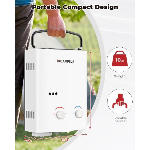 CAMPLUX Tankless Water Heater Outdoor, 1.32 GPM Portable Propane Camping Water Heater, 5L, AY132, White