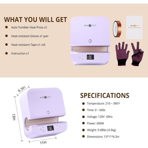 HTVRONT Auto Tumbler Heat Press Machine - Mug Heat Press Heat Up Fast & Even, Professional Tumbler Press High-Security for 2.95-3.18 Sublimation Tumblers, Cups, Glasses and Mugs, Purple
