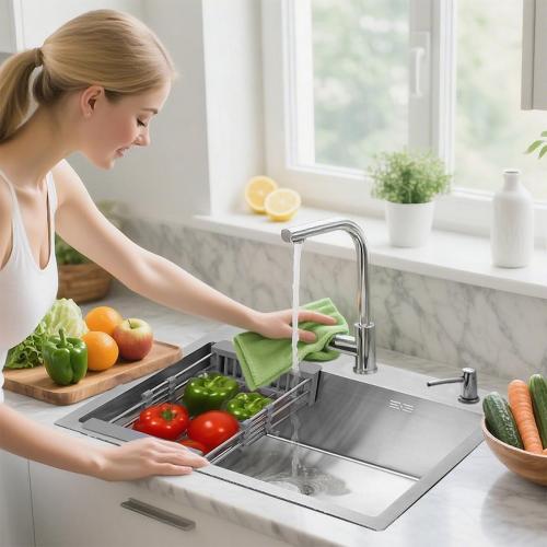 30 inch Kitchen Sink Drop in Stainless Steel Top Mount Sink with Brushed Finish, Single Bowl Workstation Sink with Basket Strainer and Kitchen Sink Caddy Organizer 29.5D x17.7W x 8.3H