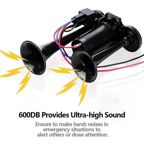 12V 600DB Super Loud Dual Electric Air Horns Kit with Compressor Applicablefor Any 12V Vehicles SUV Truck Car Airhorns Horn Loud Motorcycle Trucks Boats Trains Speaker (Black)